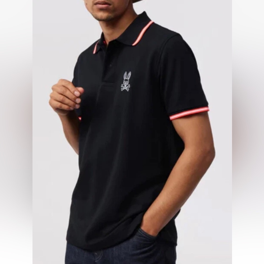 PSYCHO BUNNY Men's Black Gresham Tipped Short Sleeve Polo Shirt Size Medium EUC